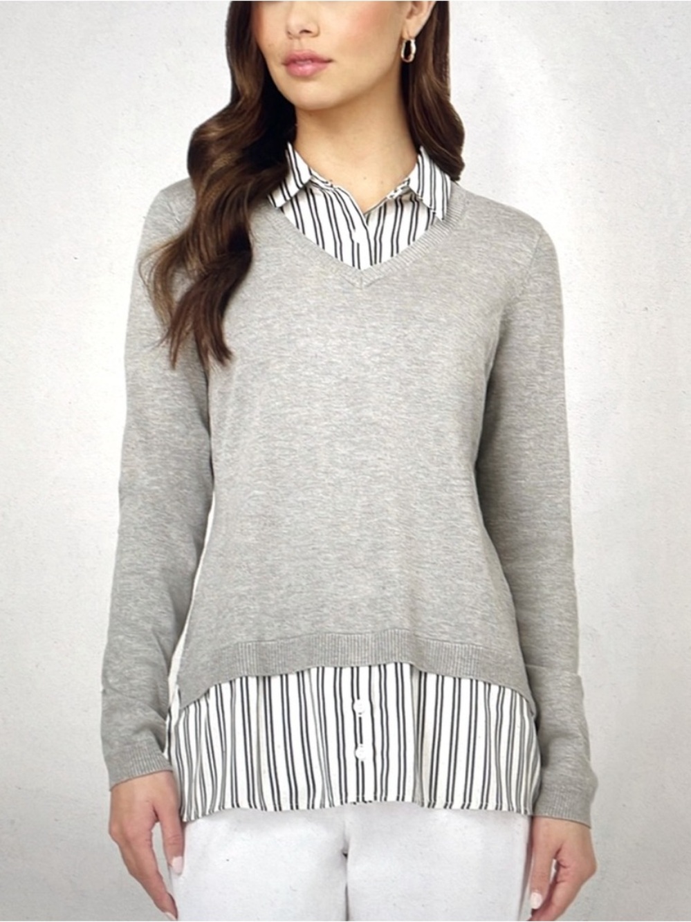 Adrianna Papell Gray Striped Layered Look Sweater Blouse Combo Size L